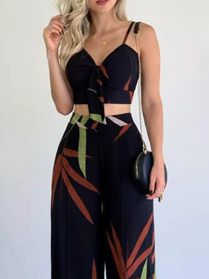 Black tropical print crop top with tie front and wide leg pants set