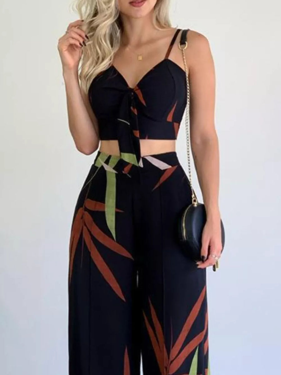 Black tropical print crop top with tie front and wide leg pants set