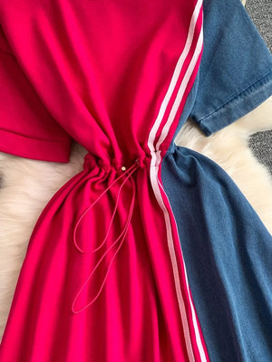 Rose red and denim color block casual dress with drawstring and white stripes.
