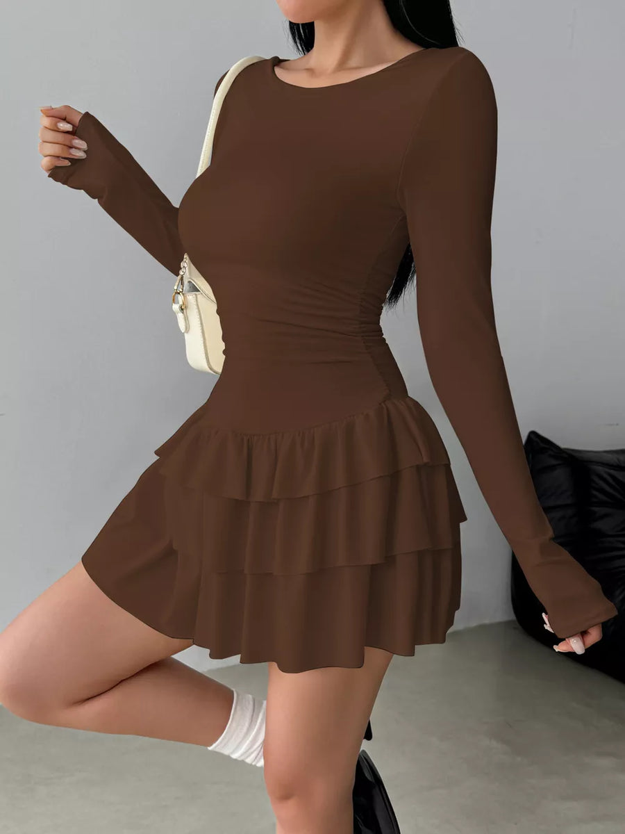 Ruched Long Sleeve Layered Ruffle Mini Dress in Brown