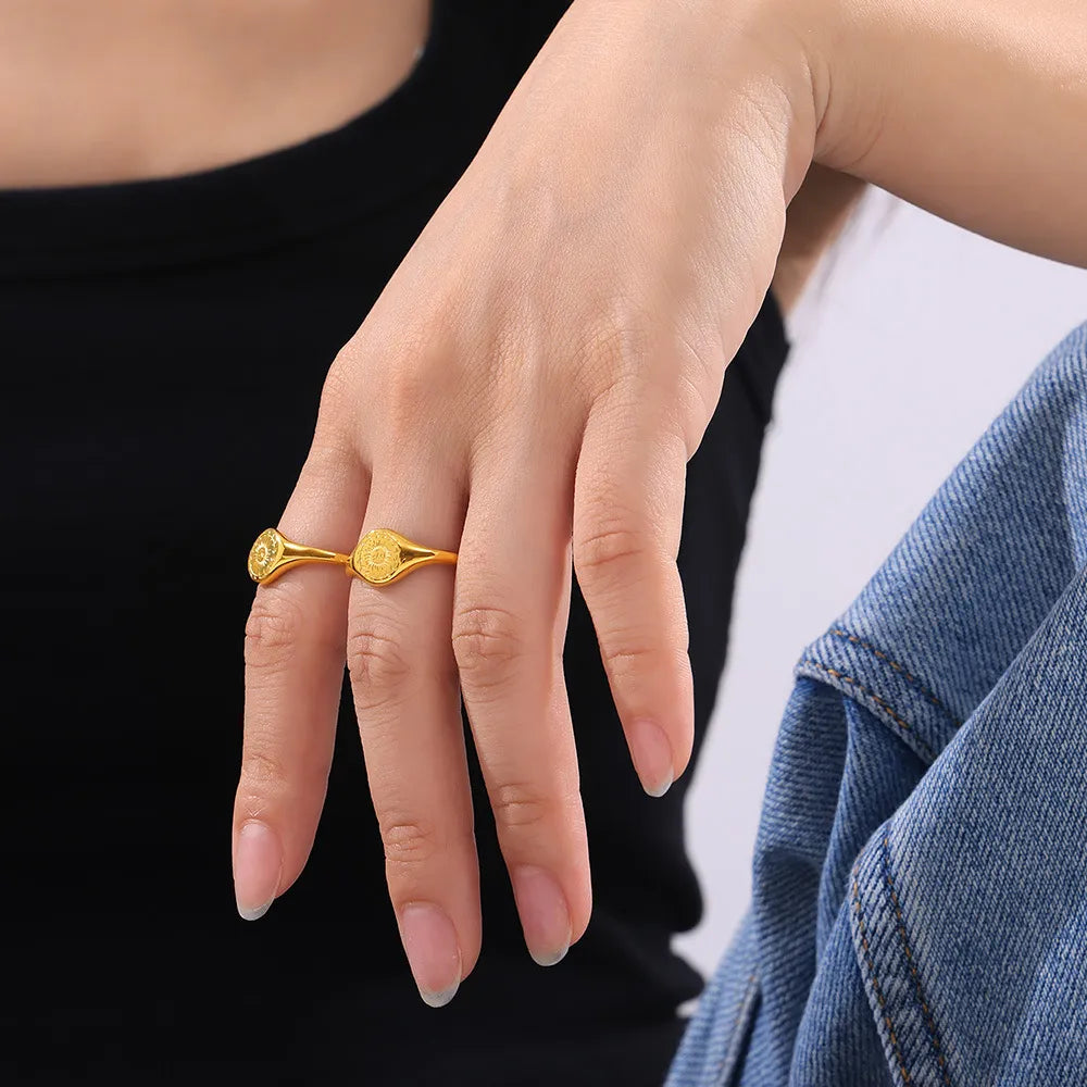 Gold sunburst signet ring set, 18K gold, boho casual style