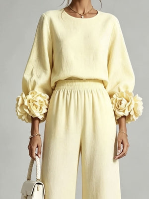 blush pink relaxed (top), wide-leg (pants) two-piece set with round neck