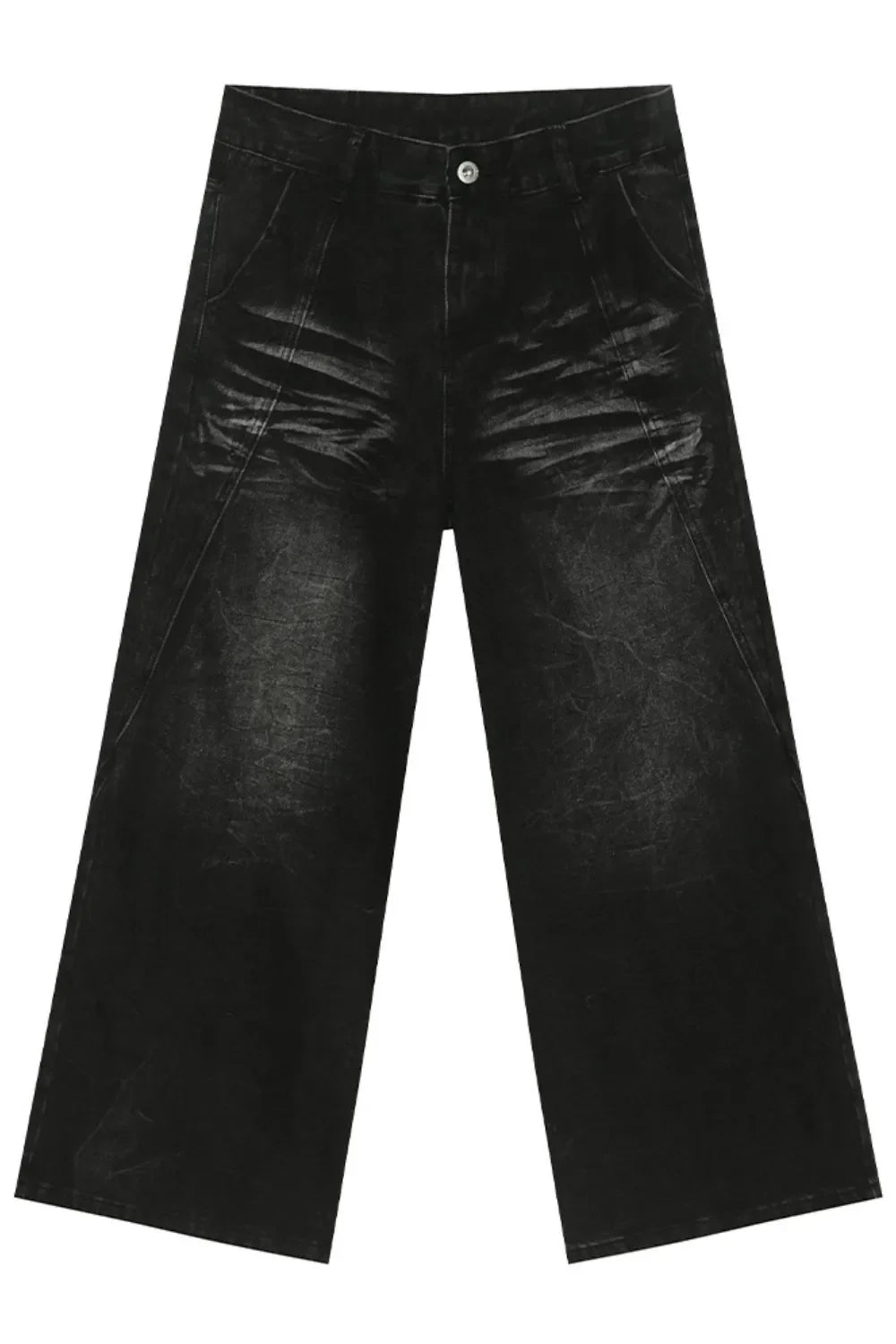 Faded black denim palazzo trousers with a wide leg and distressed details.