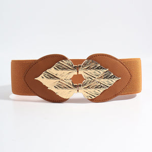 Caramel elasticated waist cincher belt with gold leaf motif clasp.