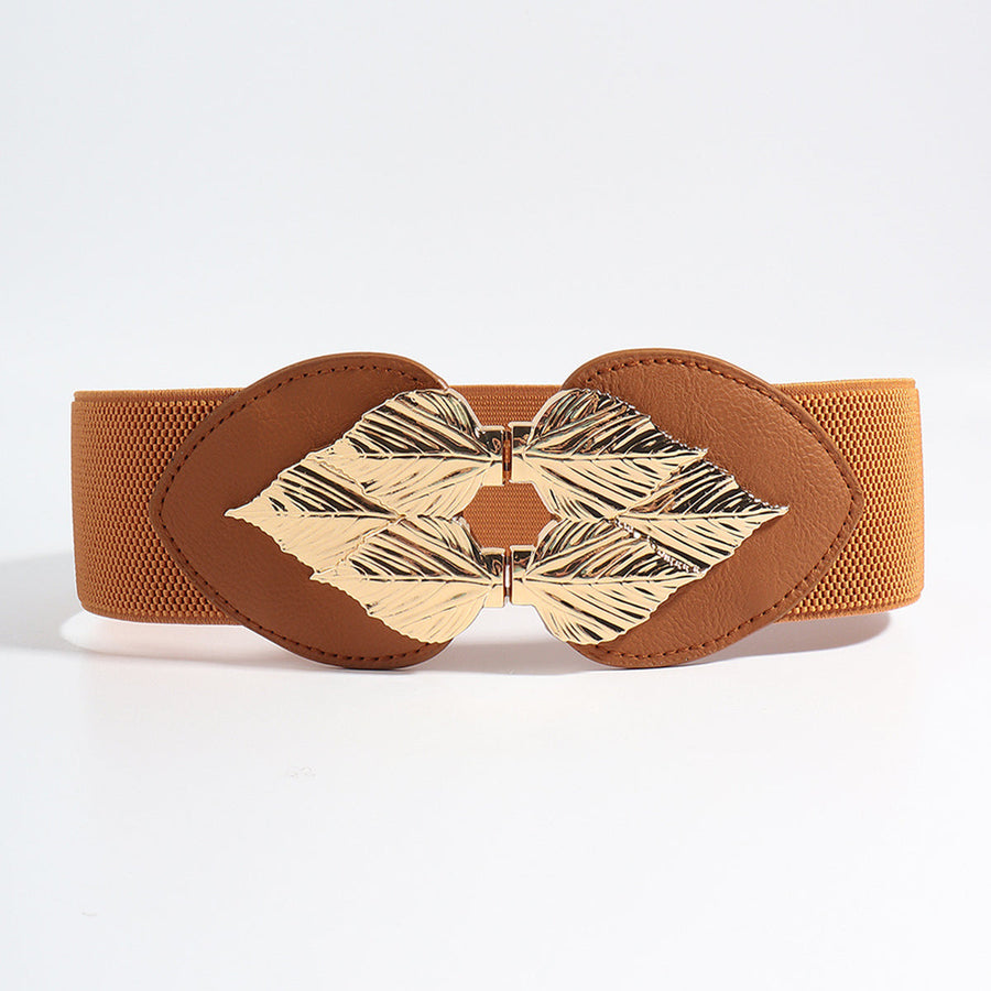 Caramel elasticated waist cincher belt with gold leaf motif clasp.