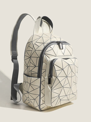 Geometric Lattice Pattern Backpack in black with front zip pocket