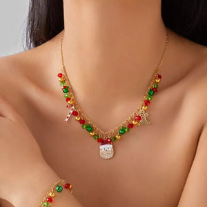 red necklace featuring charm details and novelty