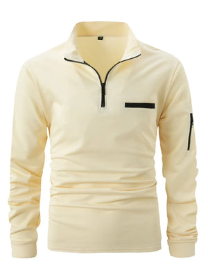 Beige mock neck zip-up sweatshirt with welt pocket and zip sleeve pocket.