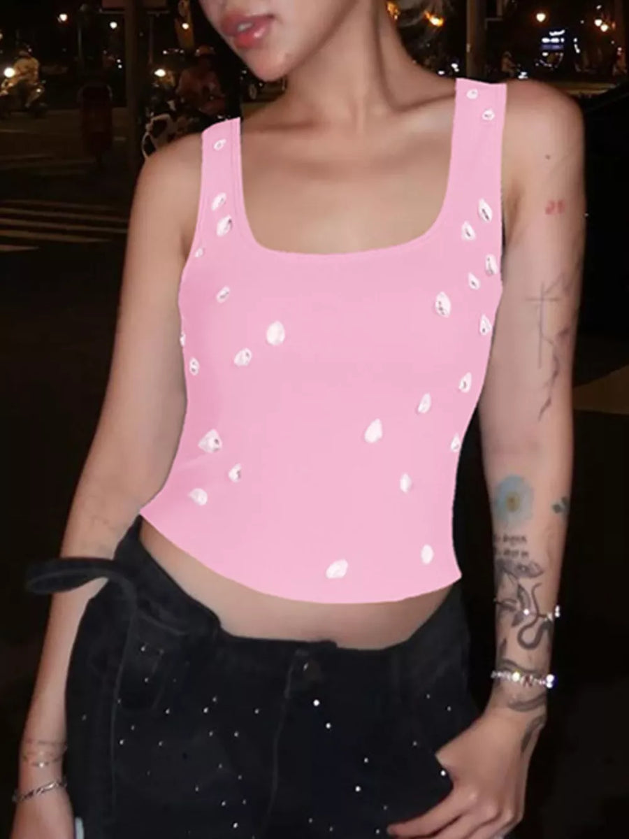 Pink cropped square neck tank top with scattered rhinestone embellishments.