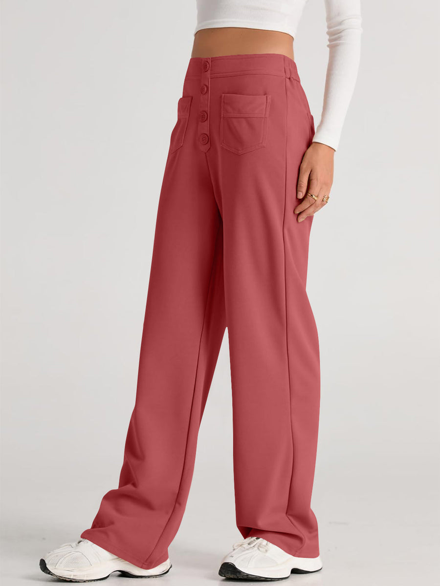 Button-front wide leg trousers in Orange-Red with flap pockets.