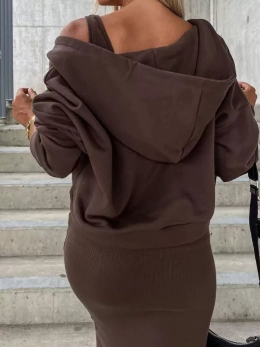 modern two-piece set in rust with v-neck