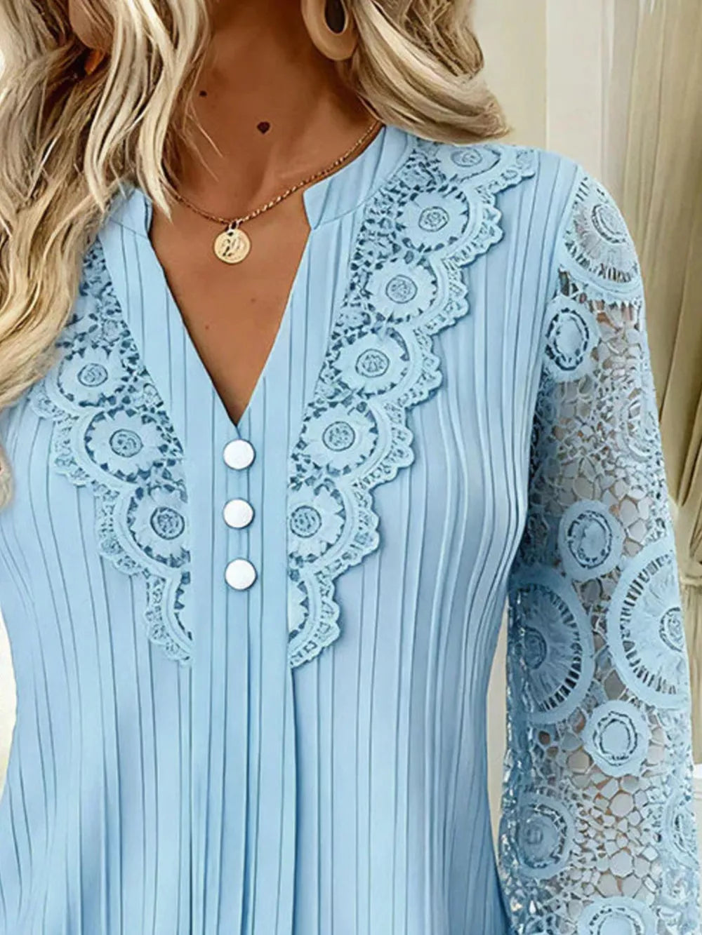 Lace Long Sleeve Notched Blouse in Apricot with lace