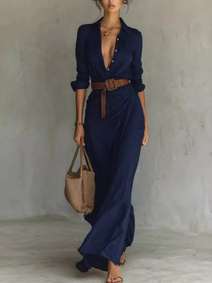 Elegant V-neck Ruched Maxi Dress With Belt in Black
