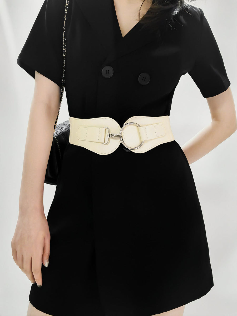 White elastic waist cincher belt with silver double ring buckle detail