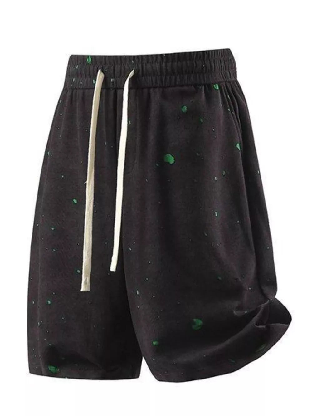 Men's black relaxed fit shorts with green splatter detail and drawstring.