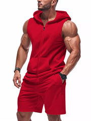 Red sleeveless zip-up hoodie with pockets and matching shorts men's activewear set