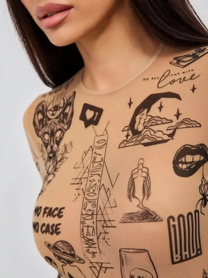 Sheer tattoo print long-sleeve bodysuit in beige with graphic designs, crew neck.