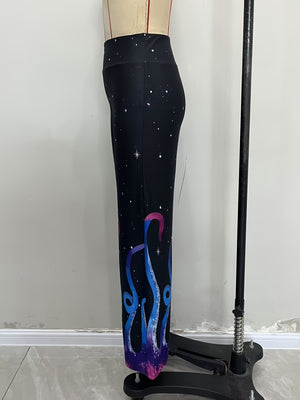 flare pants in blue with galaxy-print and high-waisted