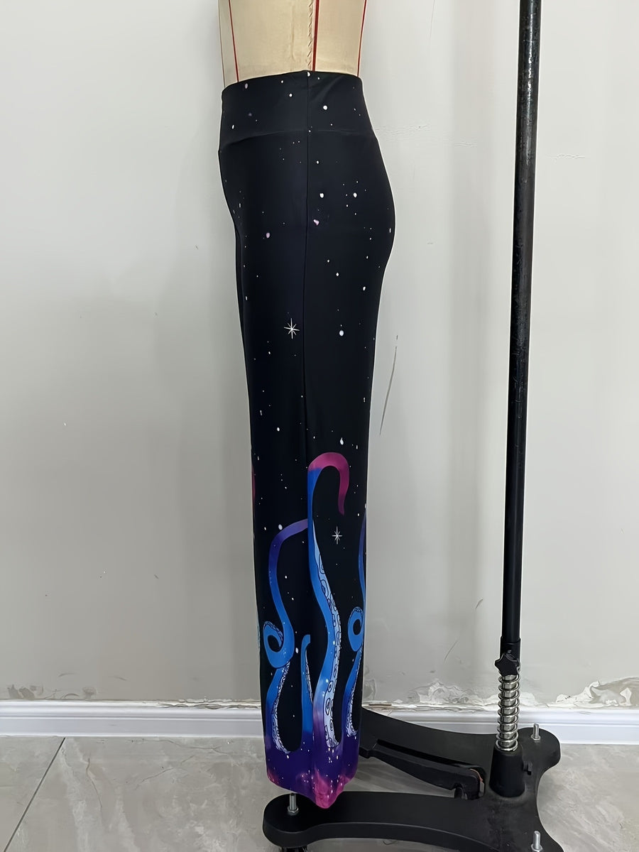 flare pants in blue with galaxy-print and high-waisted