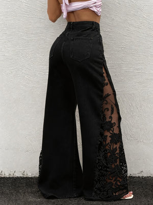 black wide-leg jeans with full-length and button and zip fly