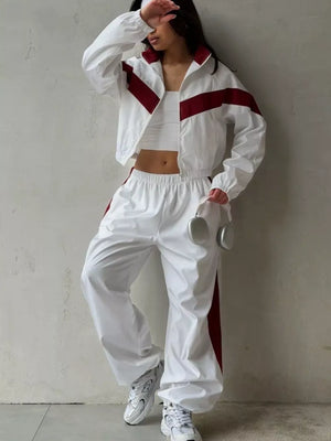 Color Block Zip Up Outerwear And Pants Set in Burgundy