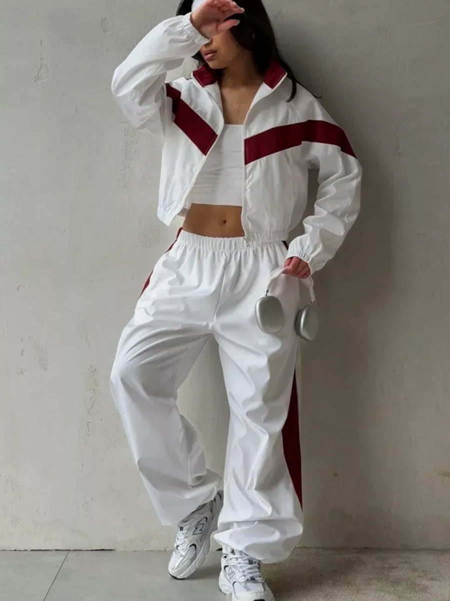 Color Block Zip Up Outerwear And Pants Set in Burgundy