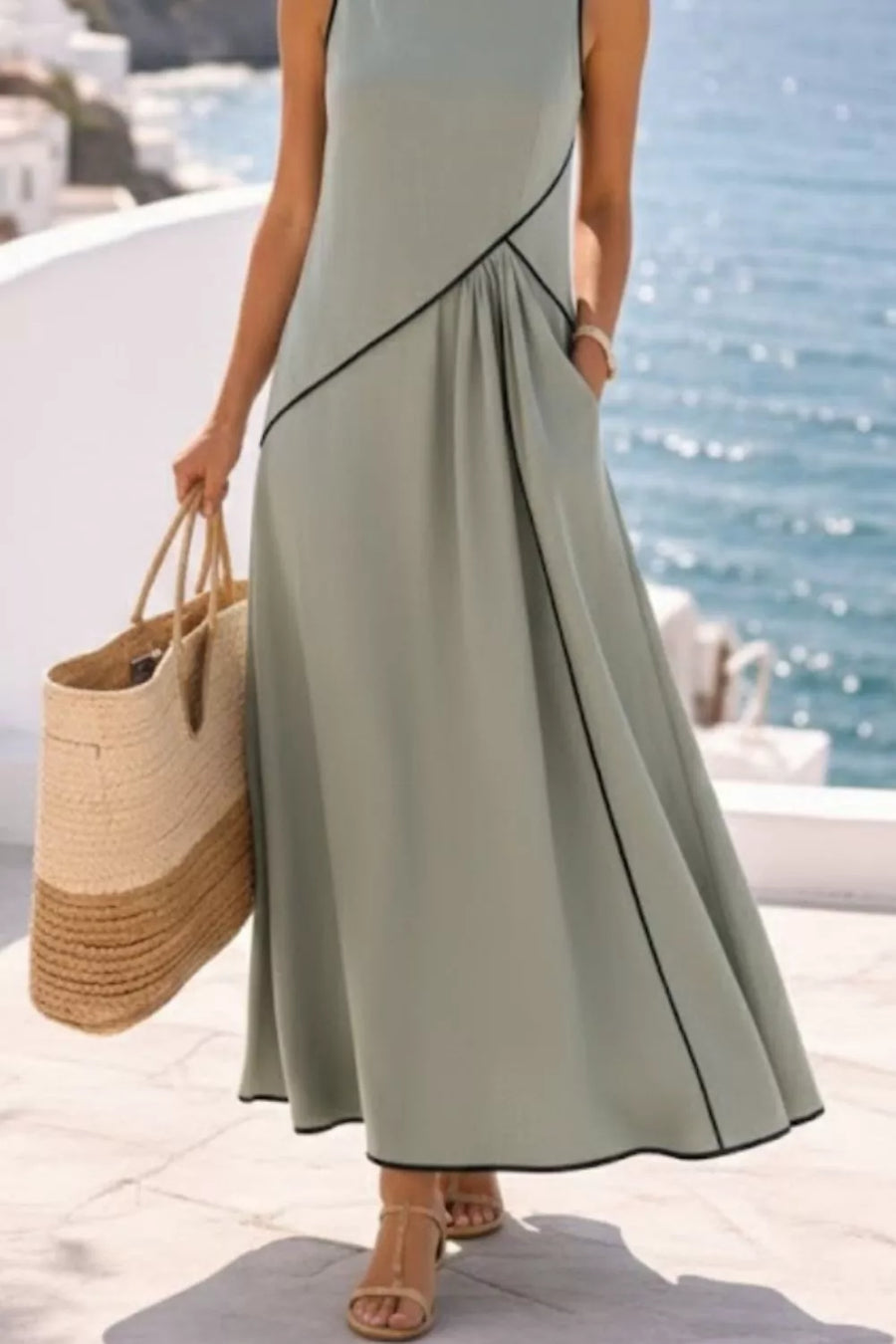 Sage maxi dress with black contrast piping and pleats, sleeveless, crew neck
