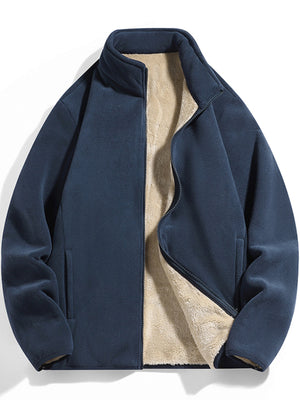 Navy fleece jacket with sherpa lining and zip closure