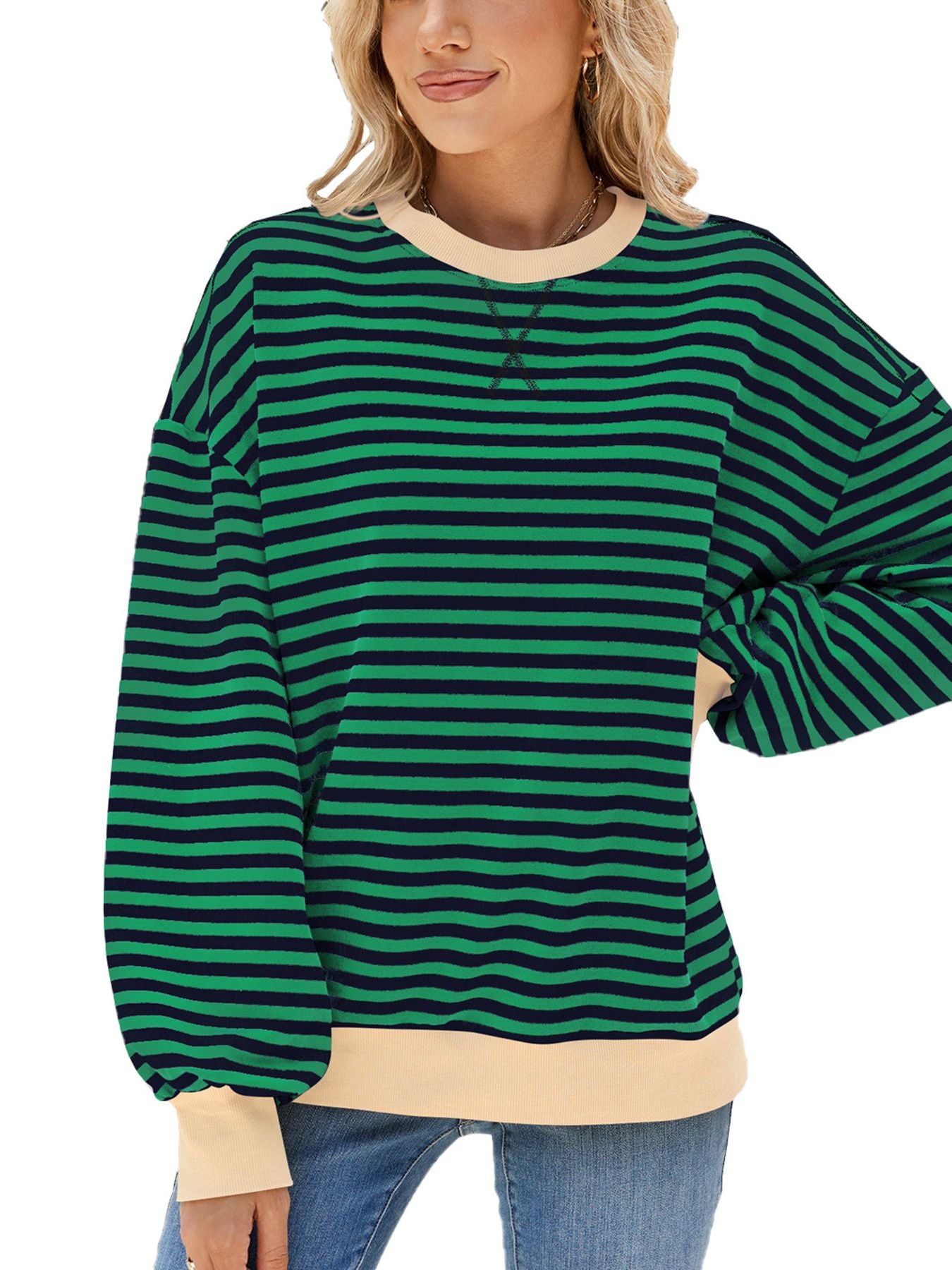 Striped crew neck sweatshirt in green and navy with cream trim and cuffs.
