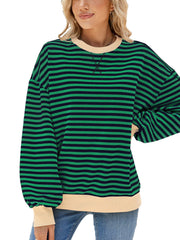 Striped crew neck sweatshirt in green and navy with cream trim and cuffs.