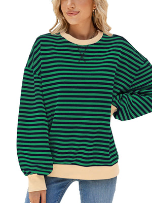Striped crew neck sweatshirt in green and navy with cream trim and cuffs.