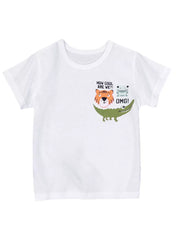 White t-shirt with short sleeves and a crew neck featuring a graphic print of a tiger, frog, and alligator with text.