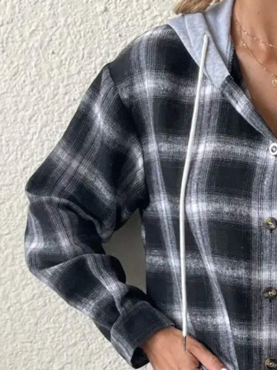 Black plaid shirt jacket with contrast grey hood and white drawstring.