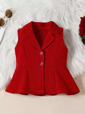 Wine red sleeveless peplum blazer with two buttons and a notched collar.