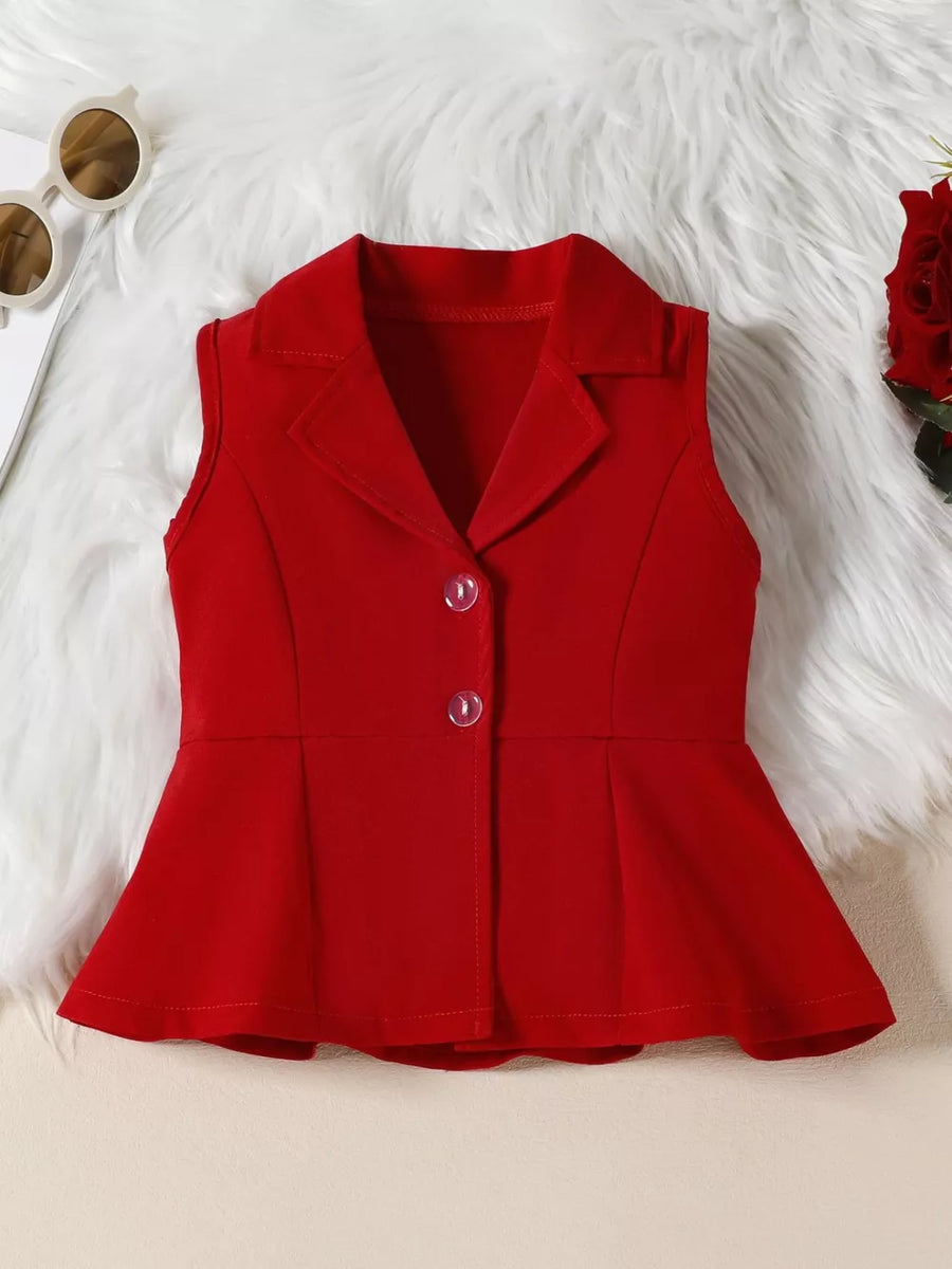 Wine red sleeveless peplum blazer with two buttons and a notched collar.