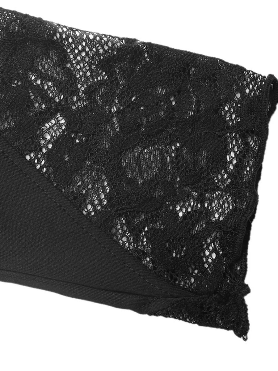 Black lace trim bodysuit with one shoulder detail.