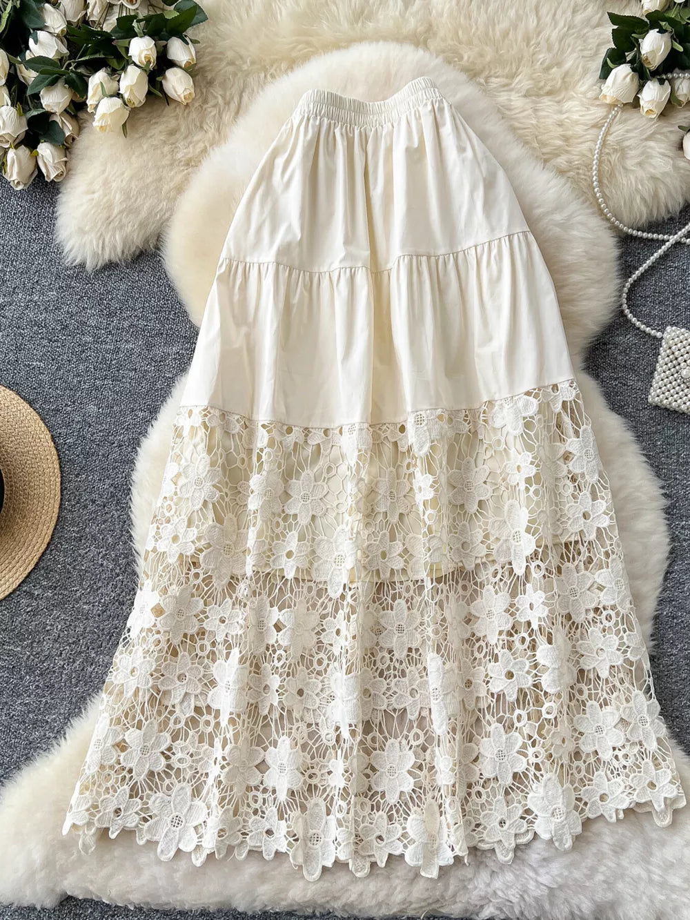 Tiered lace skirt in apricot with elastic waist and floral detail