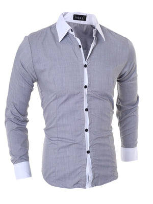Men's grey slim fit long sleeve shirt with white collar and cuffs, buttoned front.