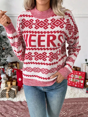 Red and white knit sweater with "CHEERS" graphic and Fair Isle pattern.