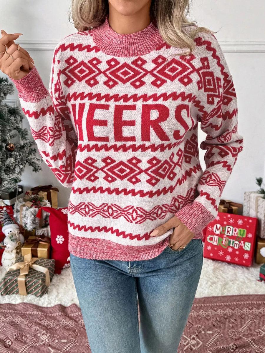 Red and white knit sweater with "CHEERS" graphic and Fair Isle pattern.