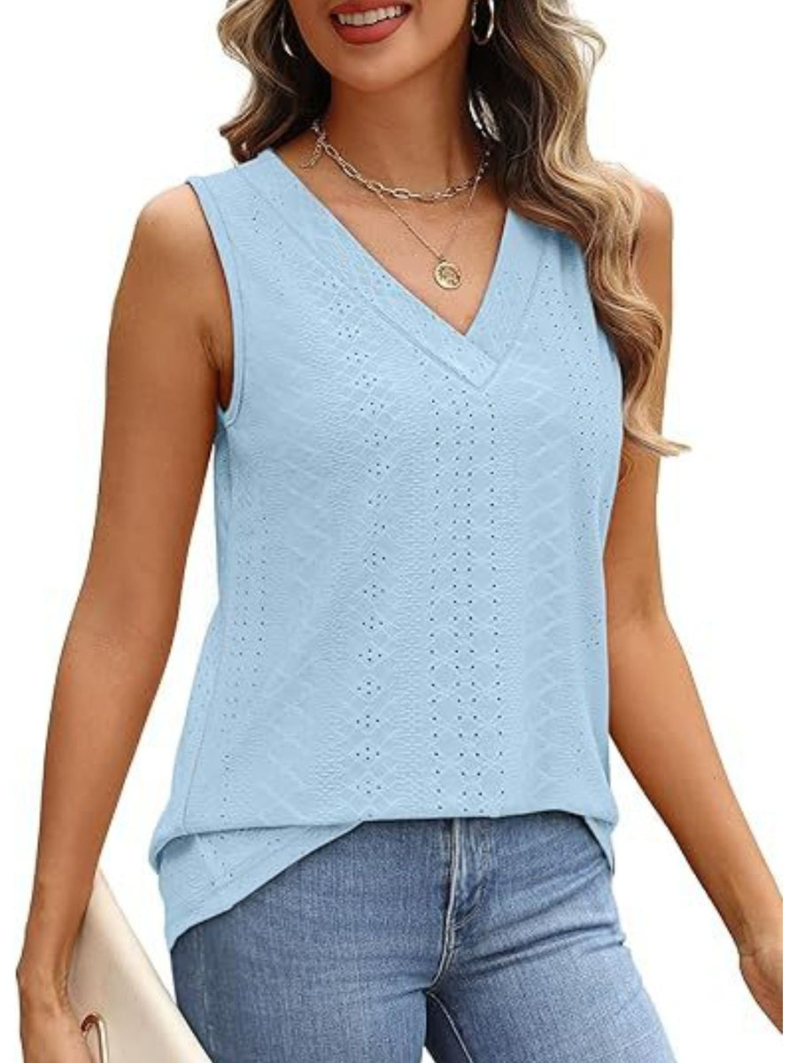 Light blue eyelet V-neck sleeveless tank top with a textured pattern.