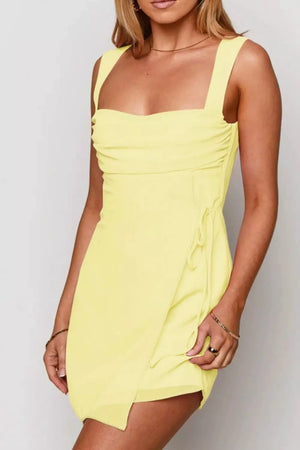 Yellow ruched mini dress with square neckline and tie detail
