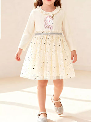 ivory A-line dress with embroidered and round neck