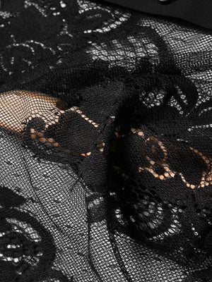 Black sheer floral embroidered button-down shirt with lace detail.
