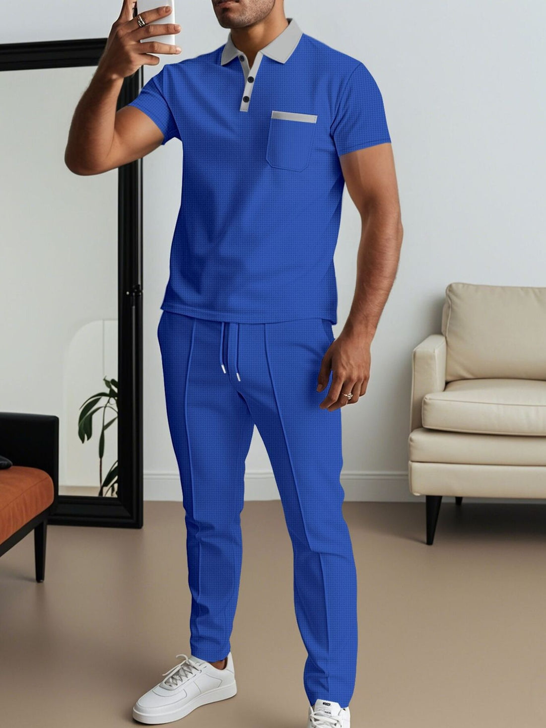 Blue Men's Short Sleeve Polo And Pants Set Plus Size