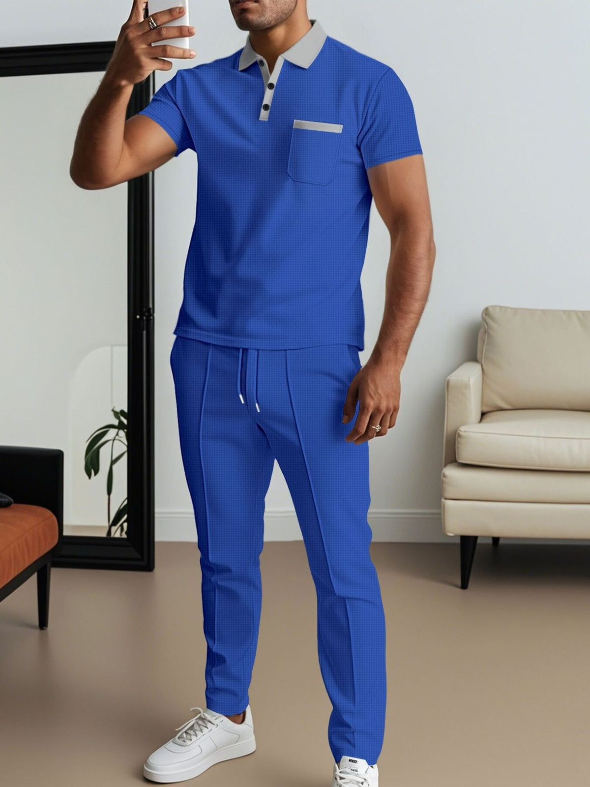 Blue Men's Short Sleeve Polo And Pants Set Plus Size
