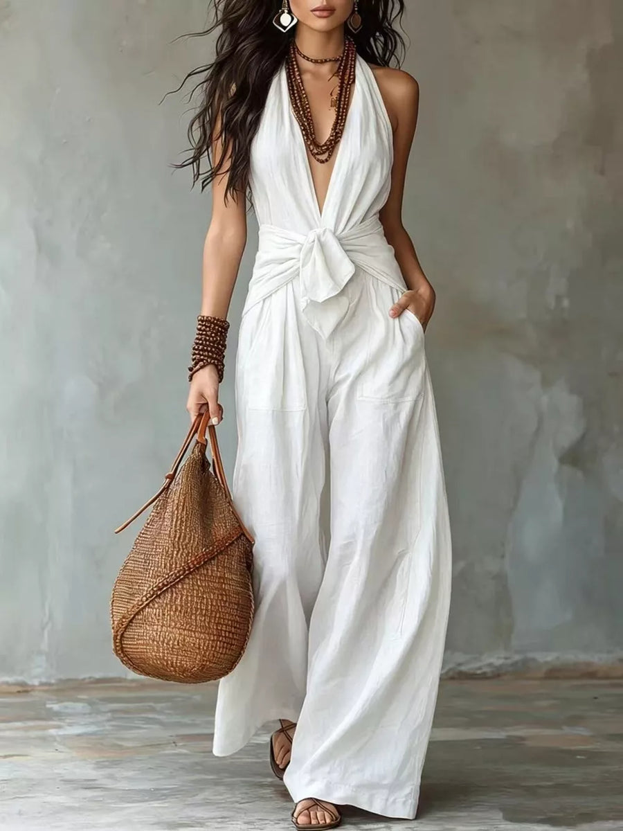 bohemian jumpsuit in dark brown with halter