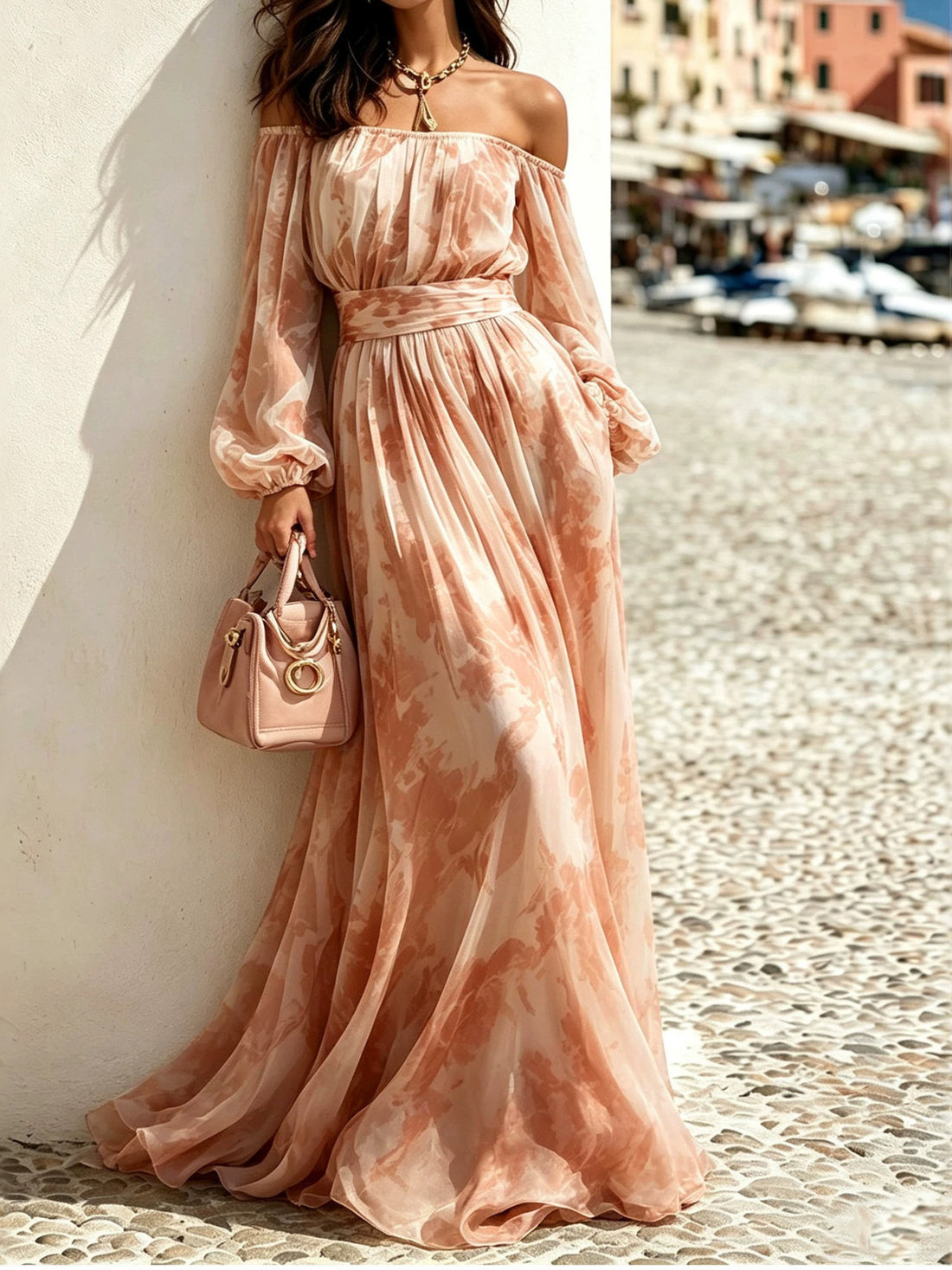 peach maxi dress with abstract and off-shoulder