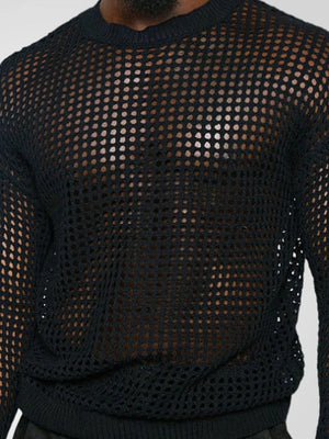 Black open-knit crewneck sweater with a sheer, mesh design.