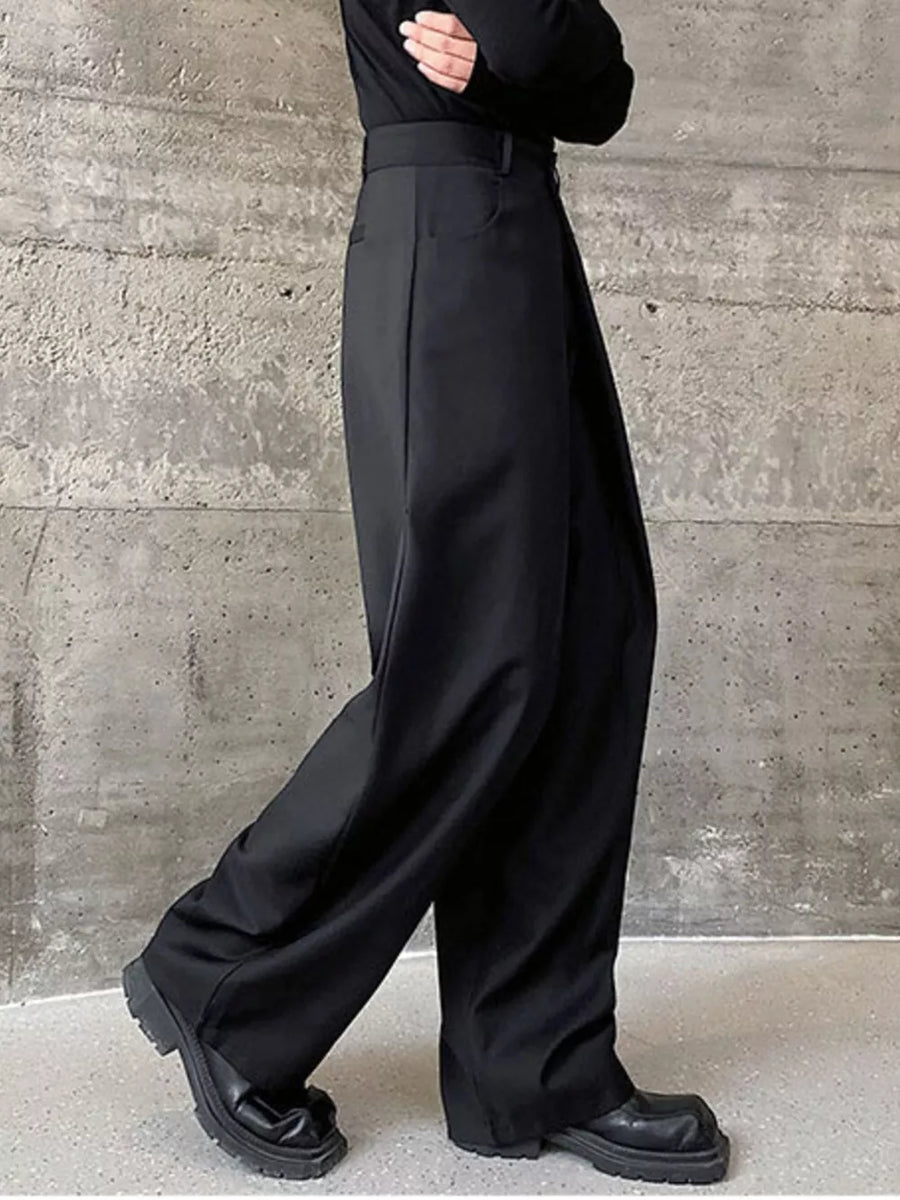 Men's black wide-leg dress pants with a relaxed fit and classic styling.